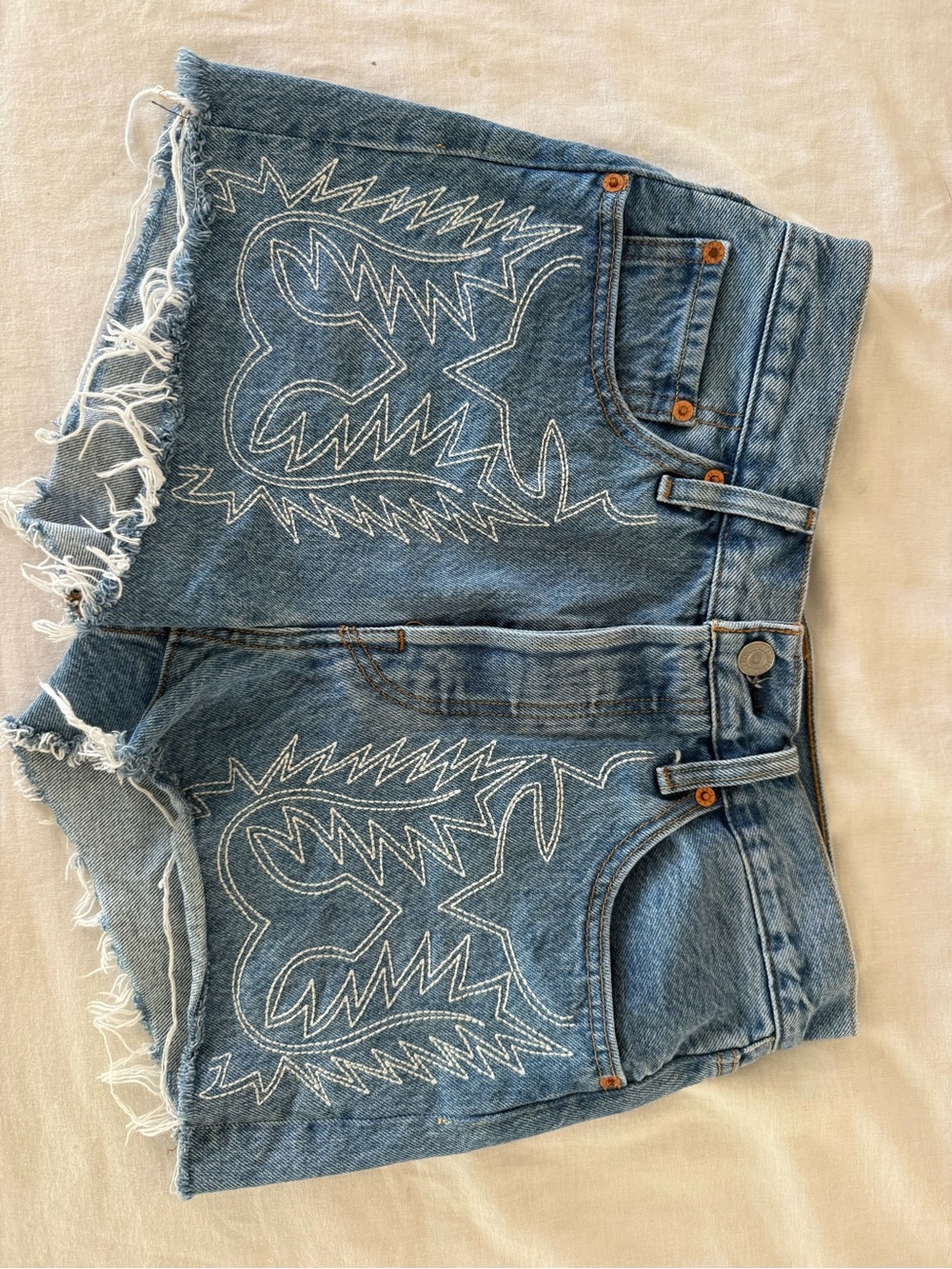 Signature by Levi Strauss Blue Denim Embroidered Frayed-Hem Shorts